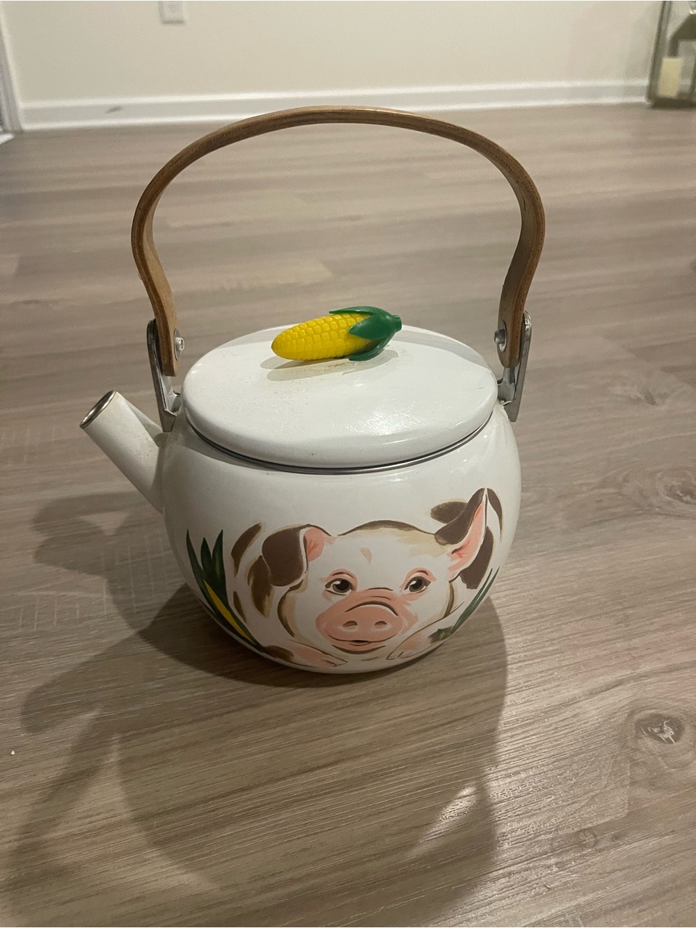 Vintage Copco Colonel T Pig 2 Quart Enamelware Metal Tea Kettle Wood Handle